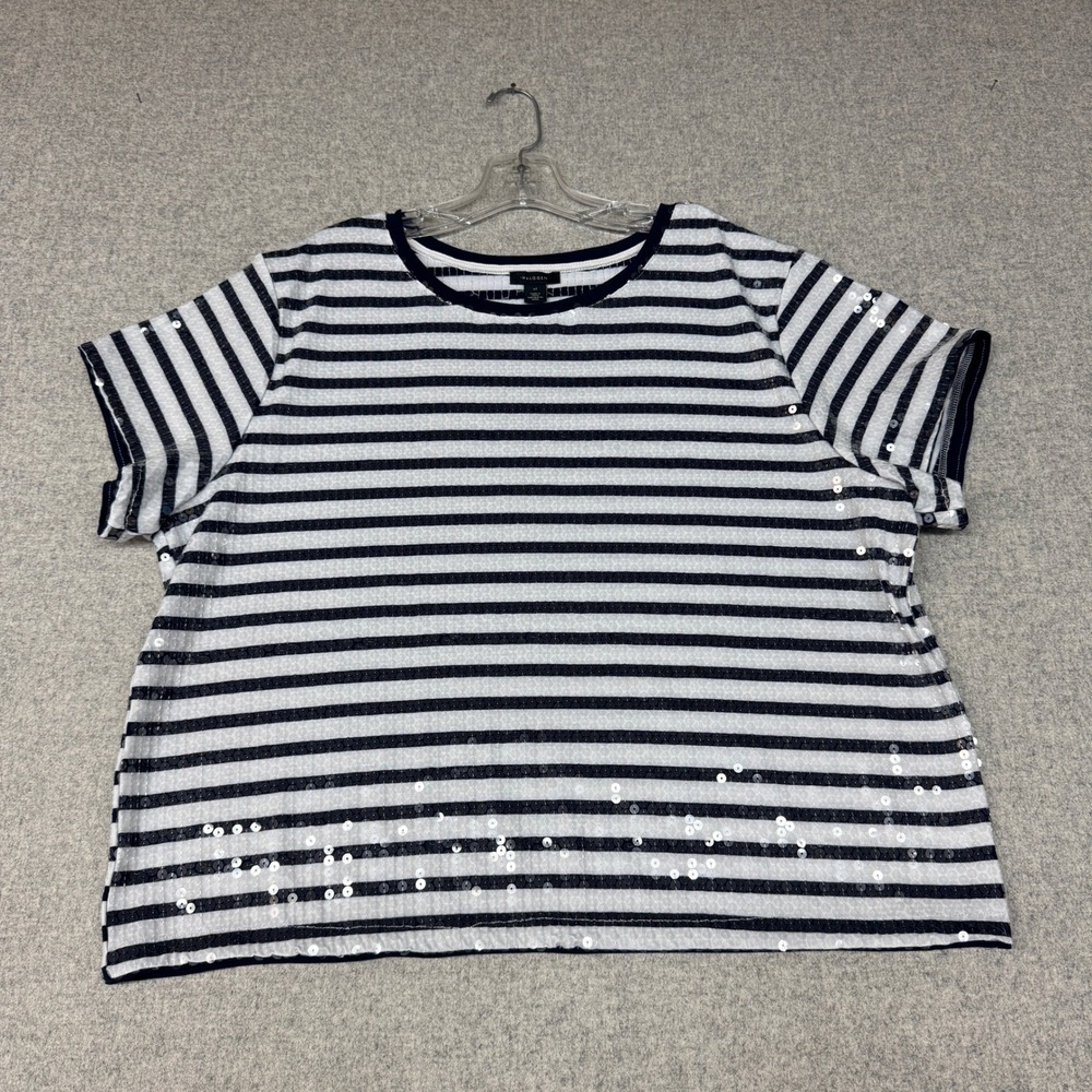 Halogen | Striped Sequin Top | XL | Navy Blue White | Short Sleeve Sparkle Tee